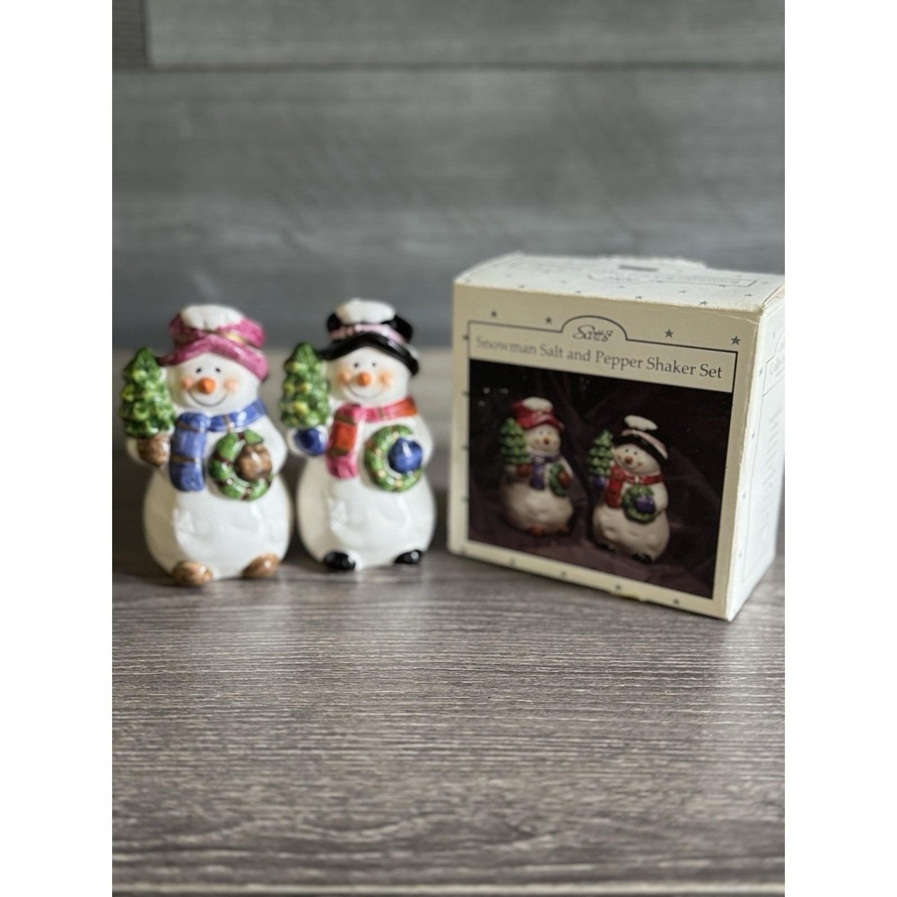 Vintage Snowman Salt Pepper Shakers Ceramic Christmas Holiday Decor Pair 4"